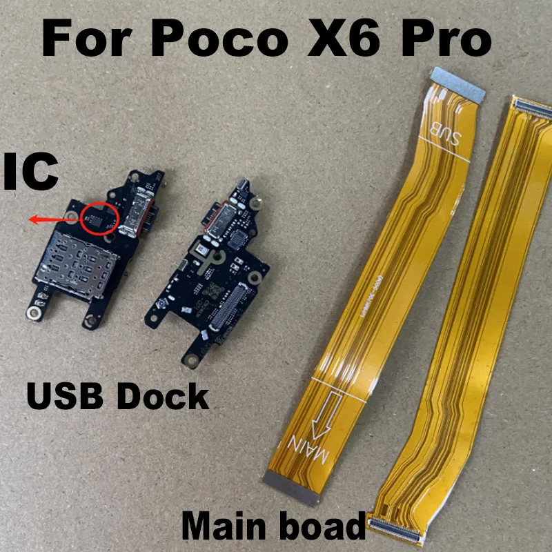 For Xiaomi Poco X6 PRO 5G Mian Mother Motherboa + USB Charging Dock Port Mic Microphone Connector Board Flex Cable Replacement