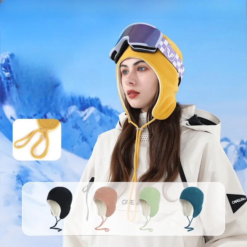 Winter Plush Hat Sports Skiing Double-layer Hat Outdoor Extended Ear Protection Hat Adjustable Warm Windproof Hat Cycling Cap