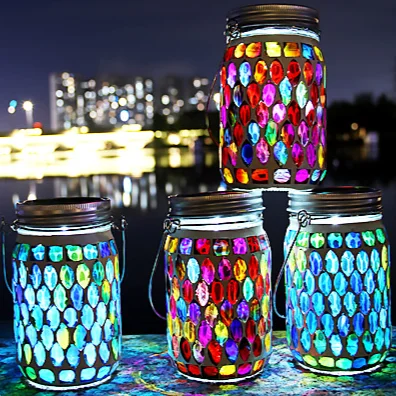 Solar Bohemian Mosaic Glass Lamp, lâmpada decorativa Mason, gramado ao ar livre, pátio, varanda, jardim, lâmpada atmosfera personalizada