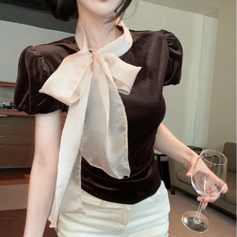 خريف شتاء جديد Sle المرأة irt القوس عقدة الساتان يشعر الطبقات الخصر تصميم سليم صالح ort Sve فقاعة Sve #4