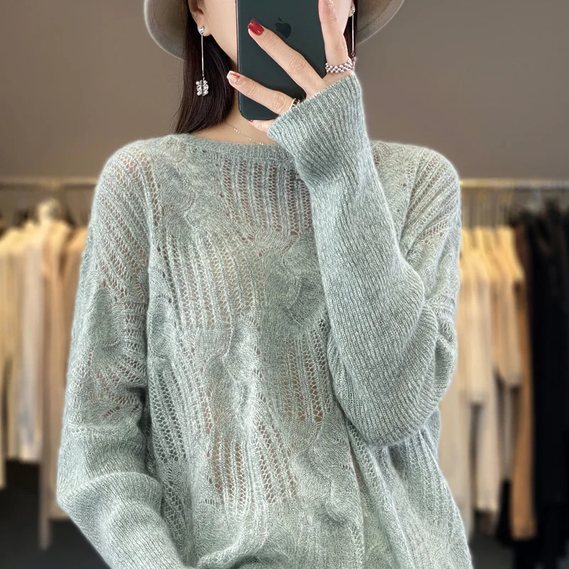 

100% Merino Wool O-Neck Knitted Openwork Sweater Pullover Cashmere Long Sleeves Basic Solid Color Soft Casual Clothing Top