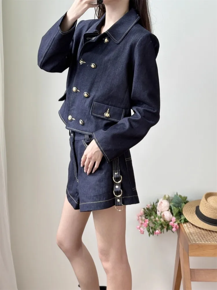 Set Jaket Denim Manis Fashion Musim Gugur Mantel Kerah Lipat Berkancing Dua Set Dua Potong Pakaian Rok Ruffle Mini Di Atas Lutut