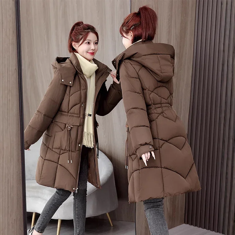 Zipper Up Mid-Long Parkas Women Winter Thicken Coldproof Warm Parkas Woman Fashion Stand Up Collar Hooded Cotton Jacket Female