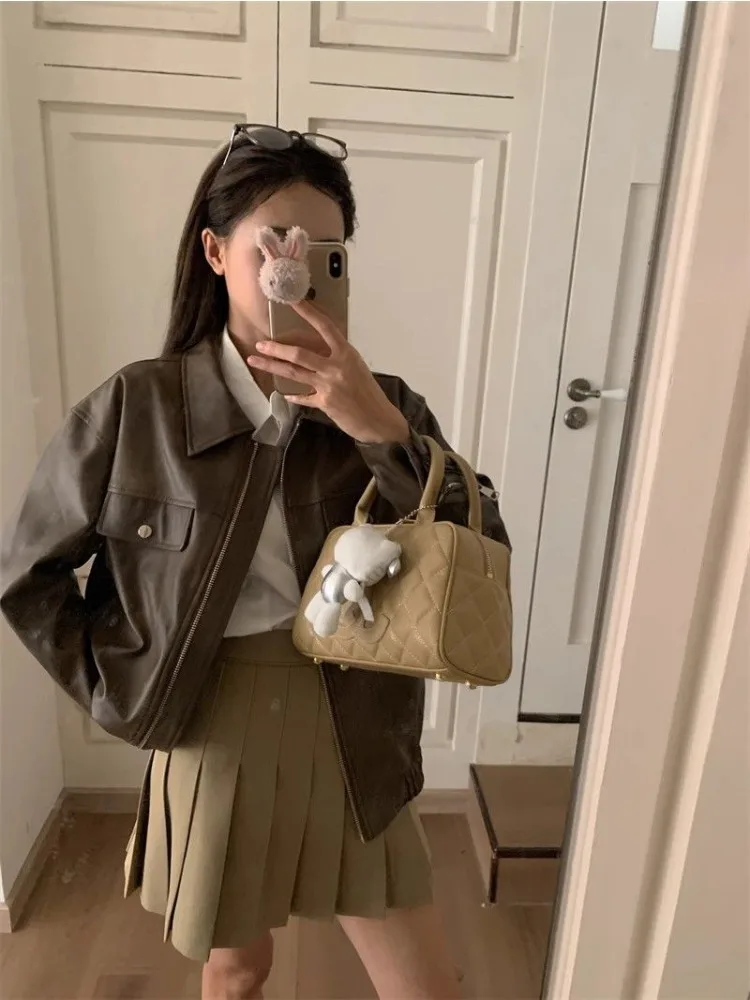 Marrom vintage zíper jaqueta de couro feminino causal estilo coreano jaqueta de couro feminino 2025 outono moda streetwear bolsos casaco