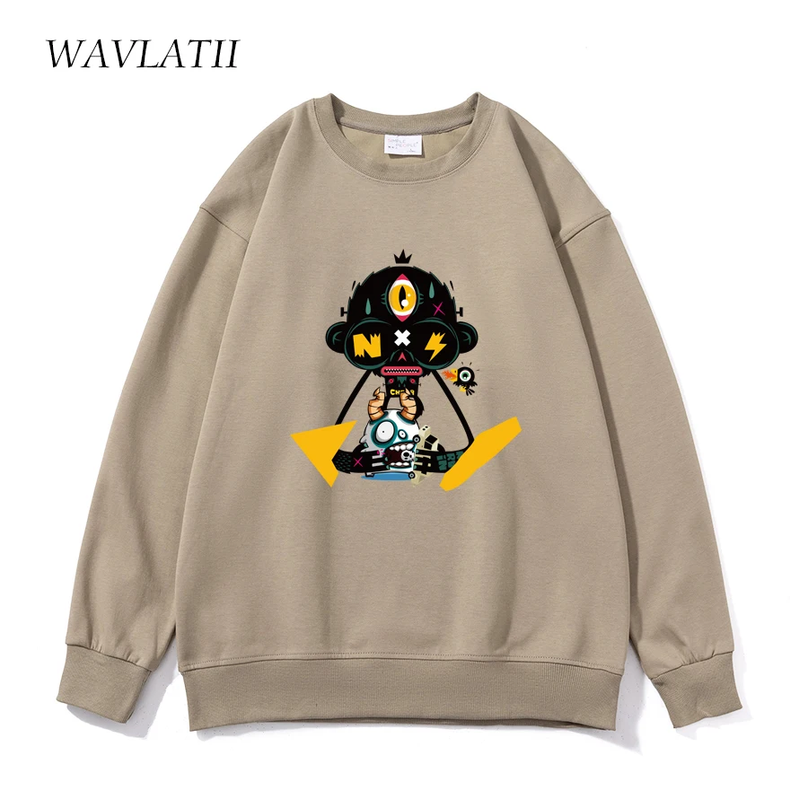 WAVLATII New Women Light Khaki Gothic Printed Sweatshirts Female Soft Casual Hoodie Unisex Spring Autumn Tops for Youngth WH2362