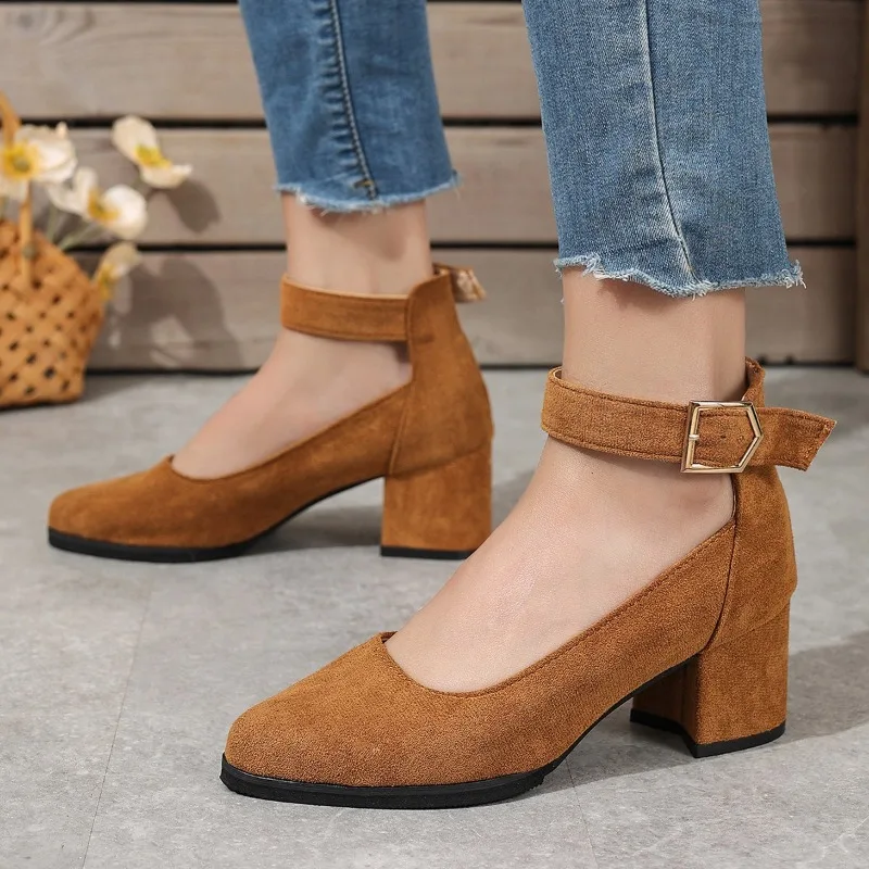 

Autumn New Thick Heels Women's Brown One-line Buckle Shallow Mouth Woman Single Pumps Suede Large Size Work Shoes