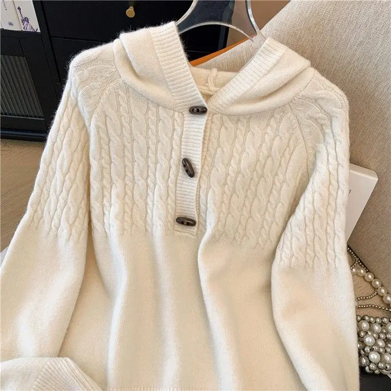 秋冬春新作 ヴィンテージ風 牛角ボタン フード付き 揚げパン風 ニット セーター コート 裏地付き ゆったり ウールニット