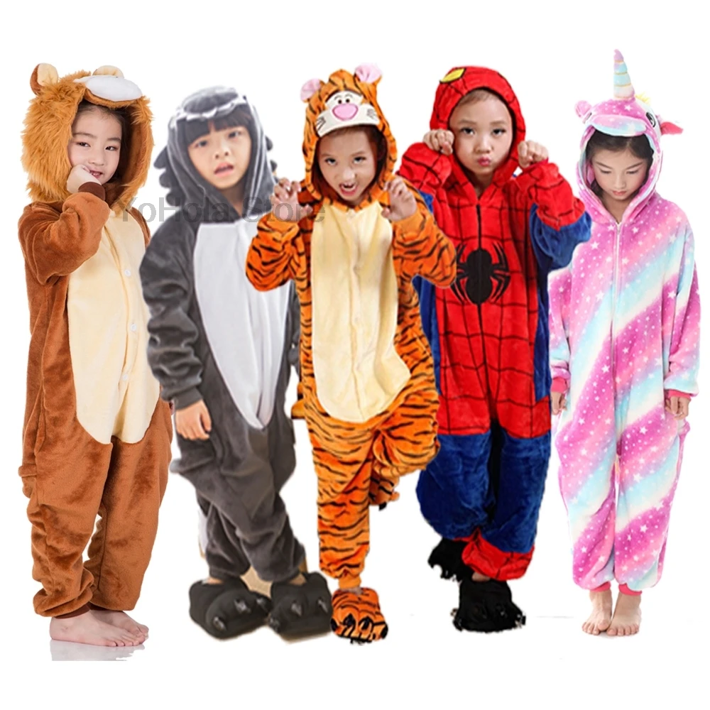 Winter Soft Warm Unicorn Lion Spider Kigurumi Pajamas Hooded Animal Cartoon Cosplay Boys Pyjamas Pajamas for Kids Sleepwear