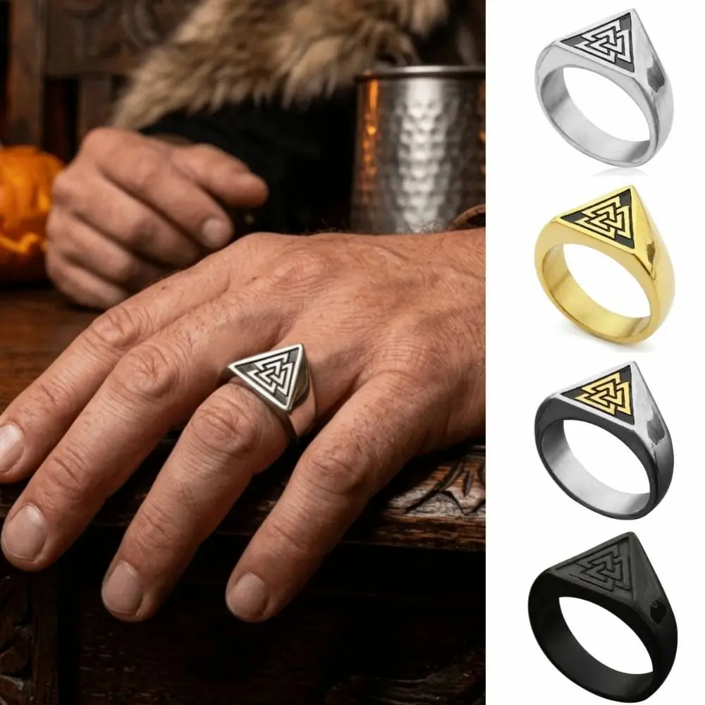 Vintage Nordic Viking Ring Titanium Steel Finger Jewelry Triangle Symbol Signet Ring Retro Decors Rune Protector Amulet Ring