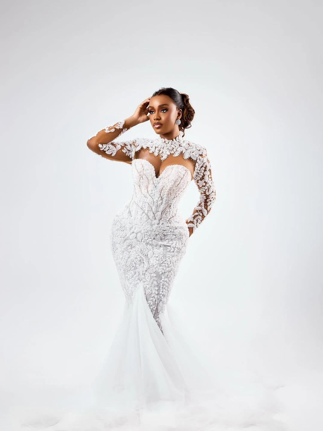 ファッションマーメイドウェディングドレスアップリケビーズブライダルガウンハイカラー長袖スイープトレインドレスカスタムメイドvestidos