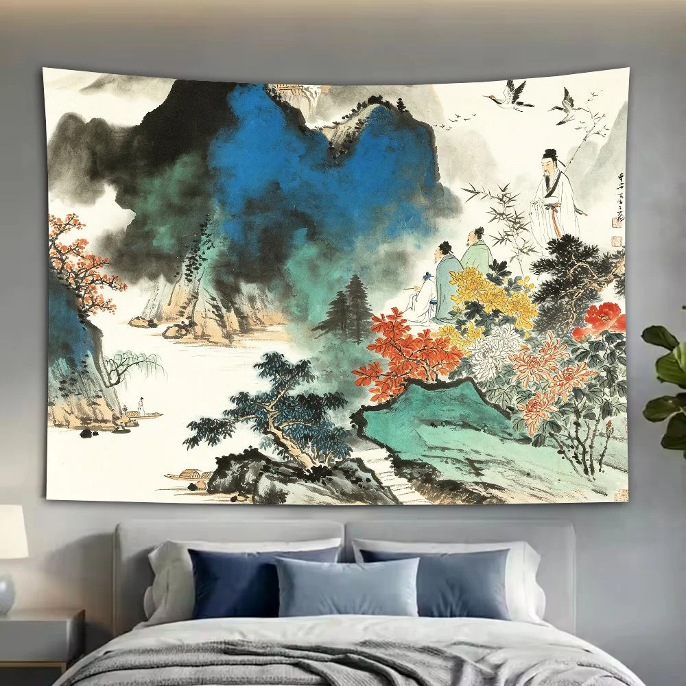 VIKAMA Oriental Wall Hanging, Asian Waterfall Landscape Pine Trees Zen Home Decor