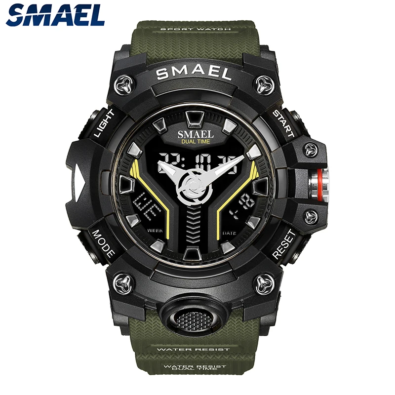 New SMAEL Sport Watch for Man Dual Time Watch for Men Shock Resistant Led Light Watch Military 8075 Quality Mens Sports Watches