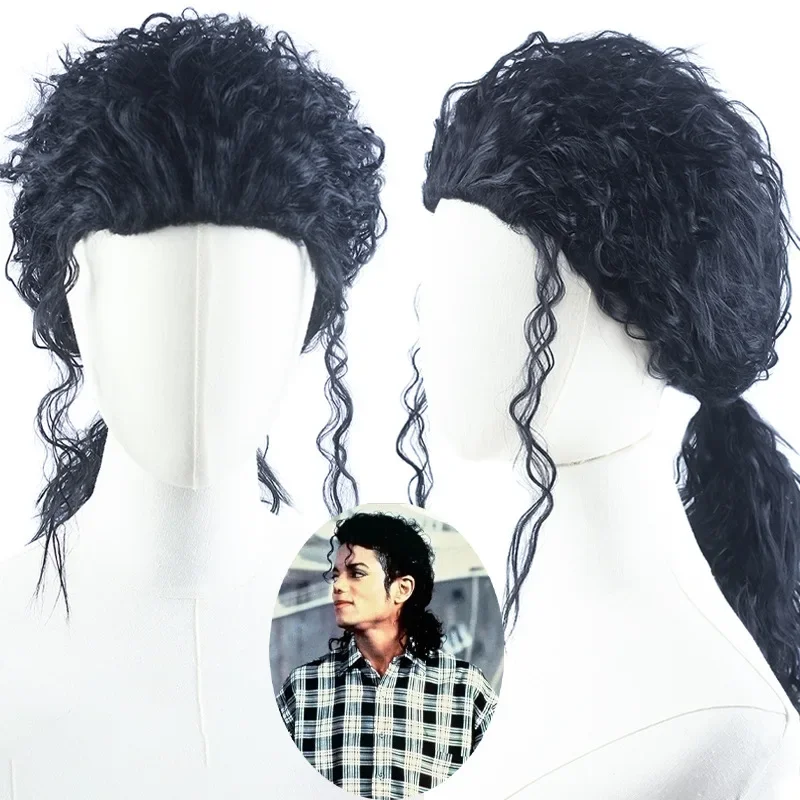 Parrucca Nera MJ Michael per Cosplay, Parrucca Ricciola Media Lunga Nera per Gioco di Ruolo Michael Jackson, Parrucche per Halloween