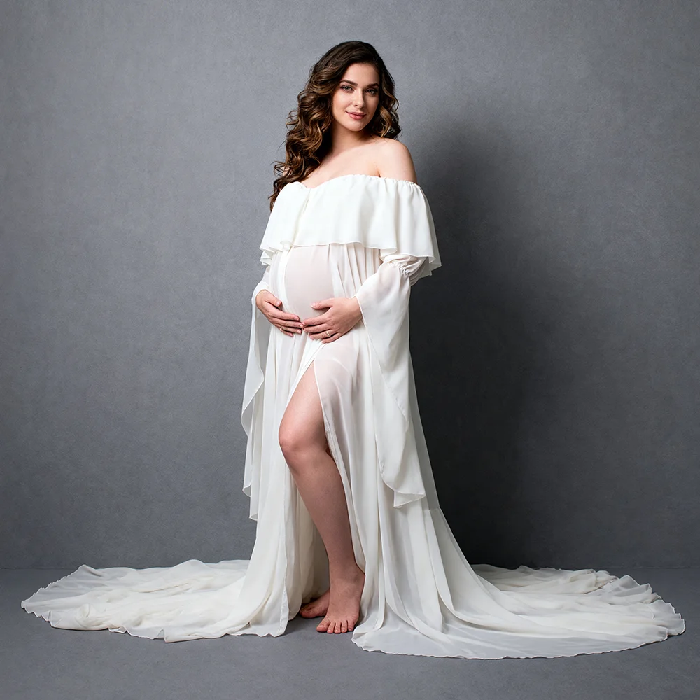Pregnancy Dress Ivory Off-the-Shoulder Ruffled Collar Sheer Maternity Dresses with Long Sleeves Baby Shower Dress Woman YW6433D