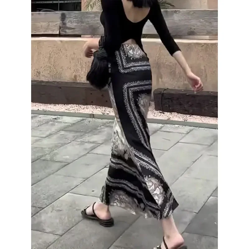 

Новая модная длинная юбка на бедрах с запахом, женская повседневная юбка с принтом русалки и высокой талией, элегантные повседневные праздничные юбки, лето-осень Jupe