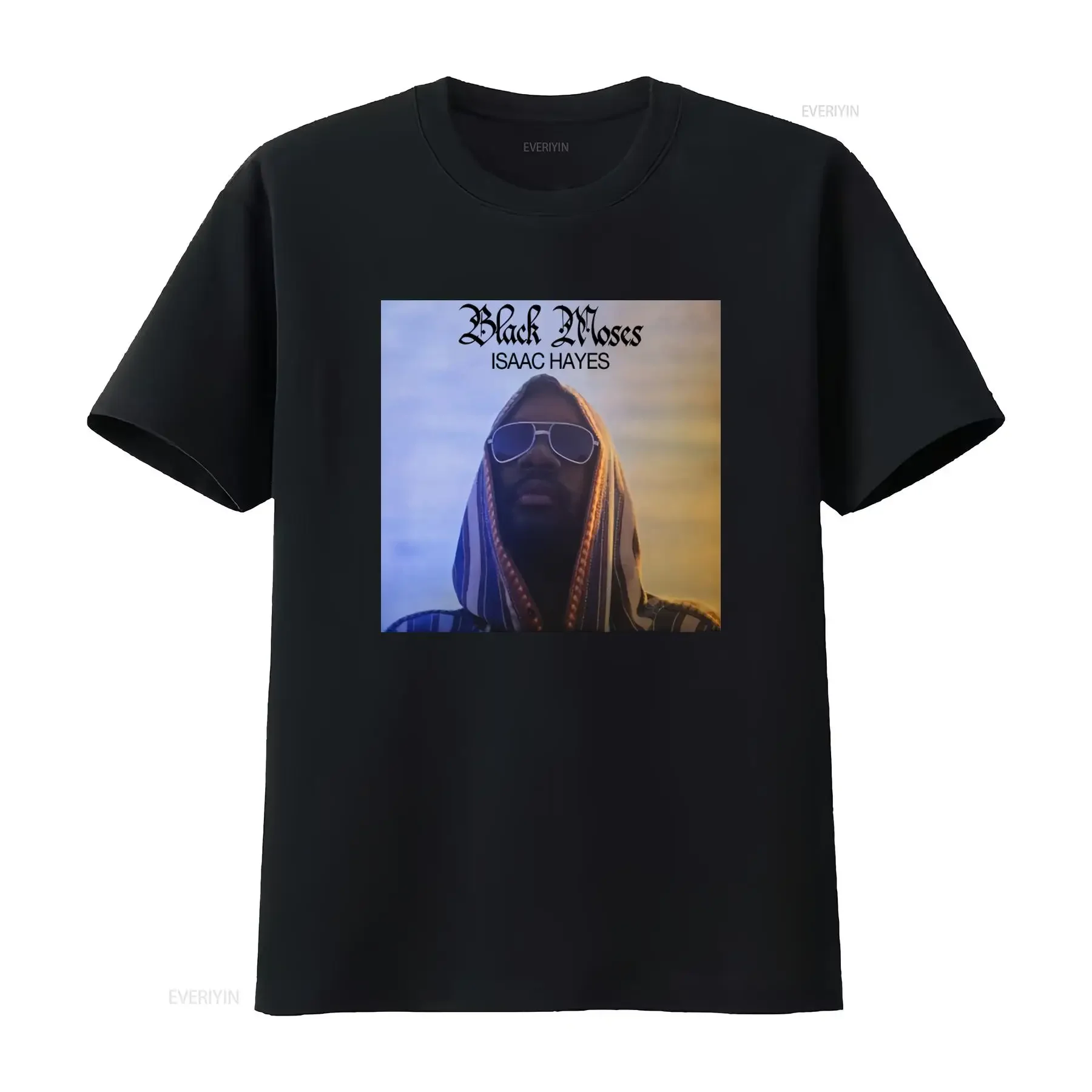 Retro schwarzes Moses Isaac Hayes Funk Soul Music T-Shirt im 70er-Jahre-Vintage-Stil, Vintage-gewaschenes Streetwear-Oberteil für den Alltag, lässig