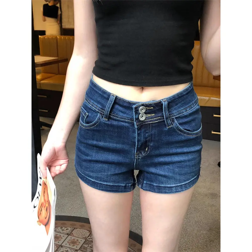 

Y2K Double Button Low Rise Denim Shorts Women | Petite A-Line Booty Lifting Shorts | 2025 Summer Vintage Slimming Hot Pants