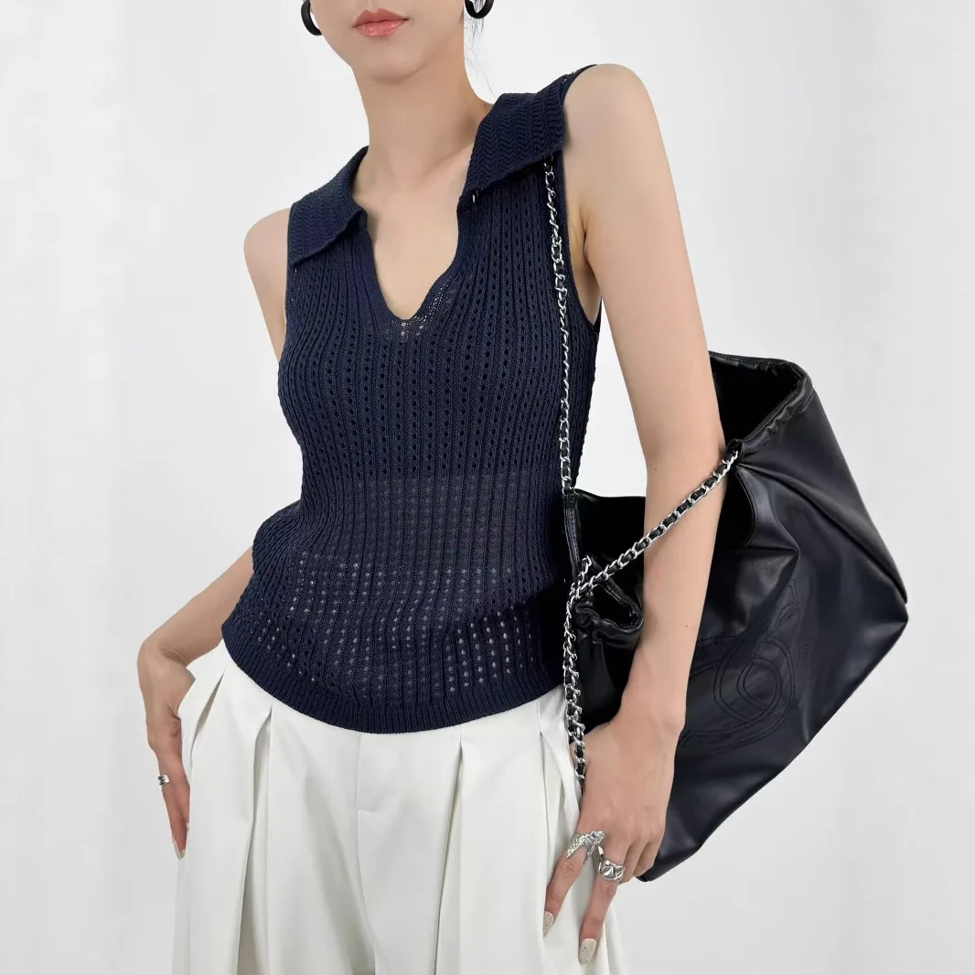 

2026 Spring and Summer Temperament Elegant Sexy High-end Hollow POLO Collar Vest Women's Solid Color Fashion Thin Sleeveless Top