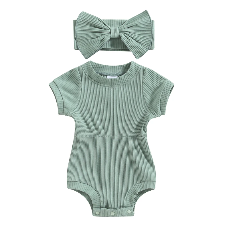 

Baby Girl Romper Newborn Baby Girl Playsuits Solid Color Ribbed Short Sleeve Jumpsuit with Headband Baby Summer Clothing Outfits