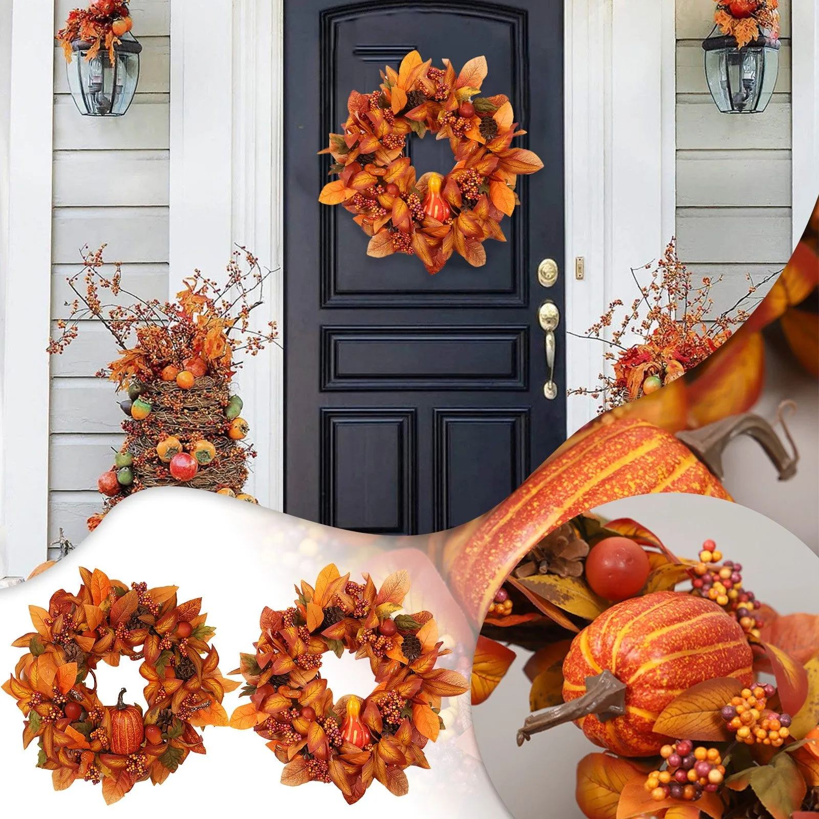 

Festival Pumpkin Wreath Maple Leaf Berry Glowing Front Door Pendant Thanksgiving Artificial Christmas Wreaths With Lights