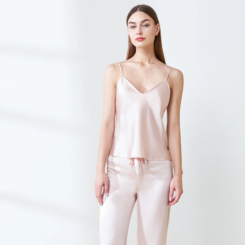 

22MM Real 100% Mulberry Silk 2 Piece Cami Top and Trousers Pajama Set Sleeveless Pajamas Camisole Loungewear for New Year Gifts