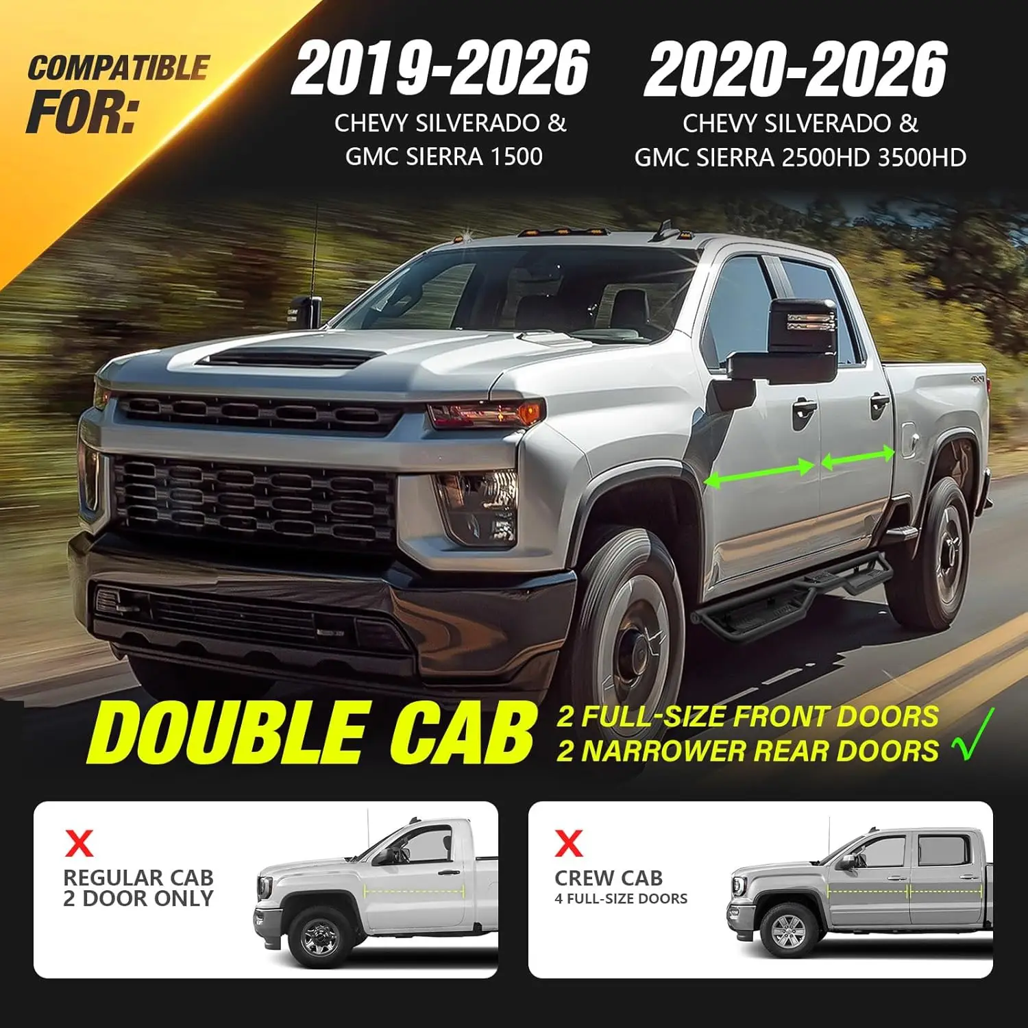 Running Boards for 2019 - 2026 Trucks, Carbon Steel, Black, Two - Stairs Design for Easy Access