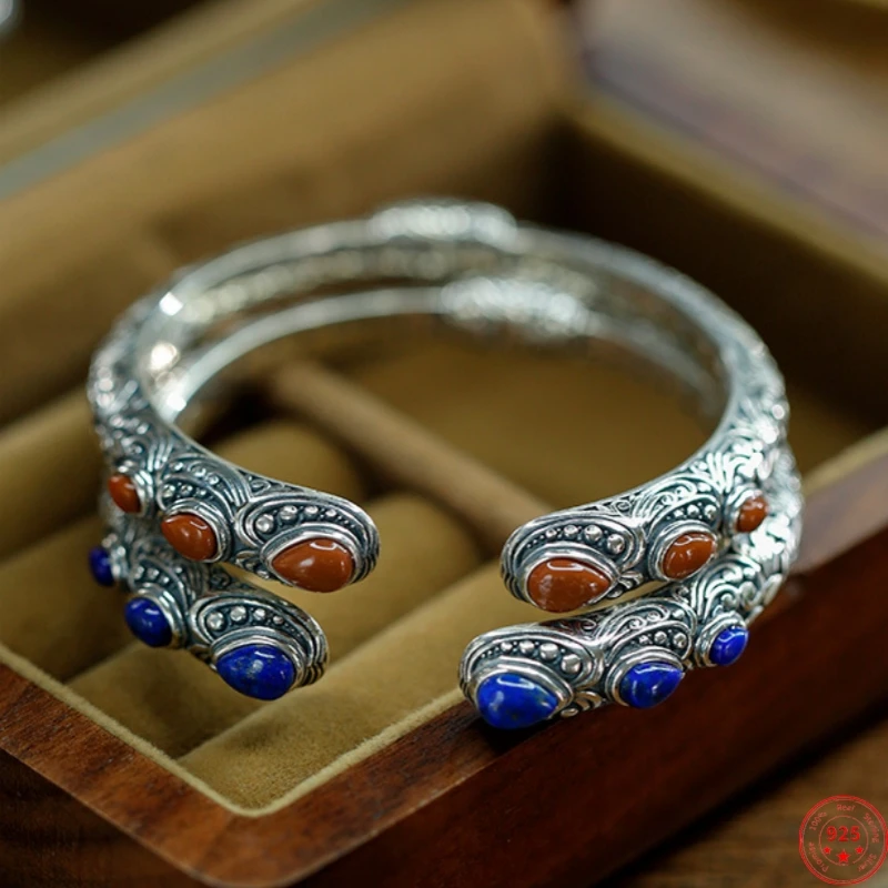 S925 Sterling Silver Bracelets for Women New Fashion Inlaid Lapis Lazuli Southred Agate Ethnic Style Bangle Wholesale