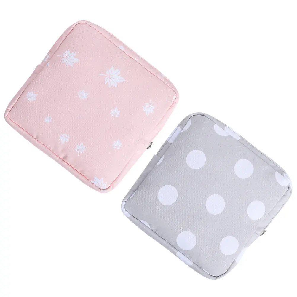 2Pcs Sanitary Towel Storage Bag Cotton Lightweight Zippered Diaper Pouch Travel Outdoor Office Small Wallet Grey Dots Pink