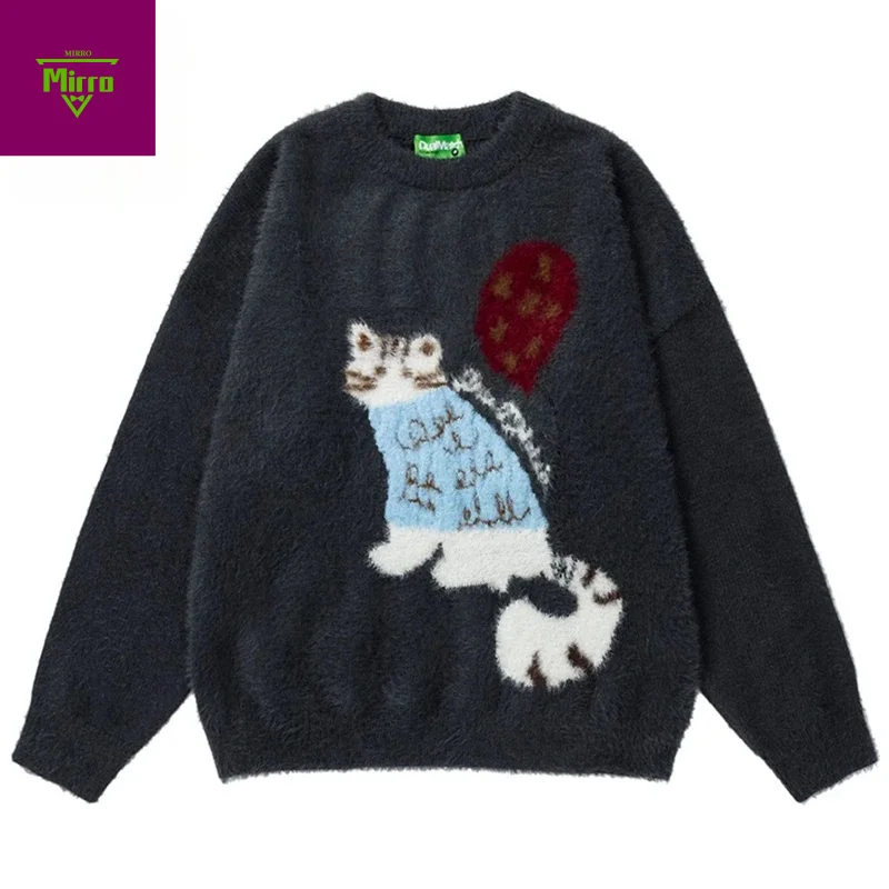 

【Mirrordust】Men Y2K tops Cat Graphic Oversized Harajuku Sweaters Knitted Jumpers Streetwear Casual Loose Sweaters Knitwear