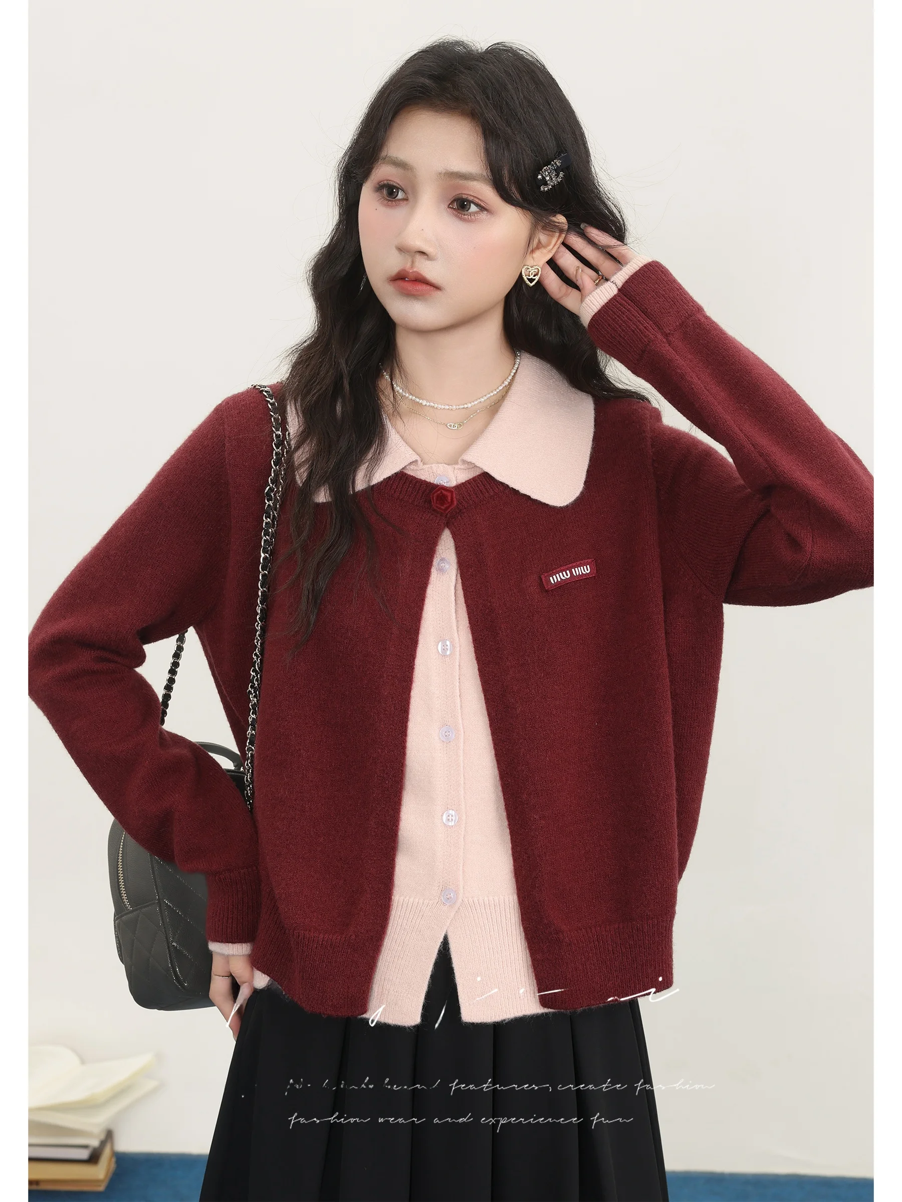 

Red Sweater Women's Outerwear Winter Spring Festival Casual Sle Long Sve Striped Design Fake Two-Piece Knitted Top