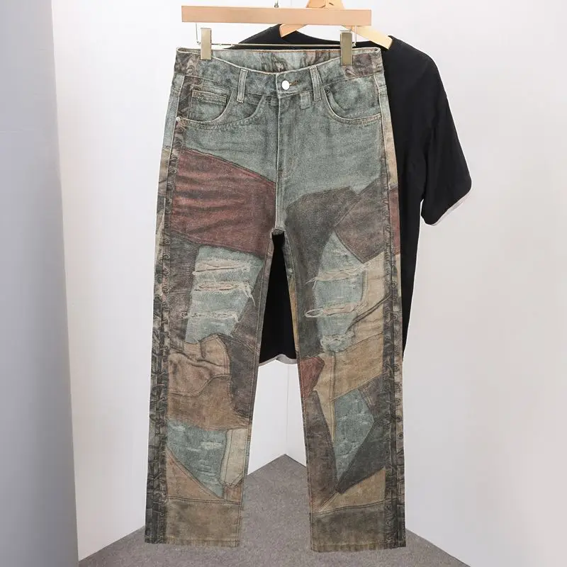 

Модные уличные мешковатые джинсы с потертостями в стиле пэчворк, повседневные прямые джинсовые брюки, винтажные роскошные длинные брюки Y2k для мужчин