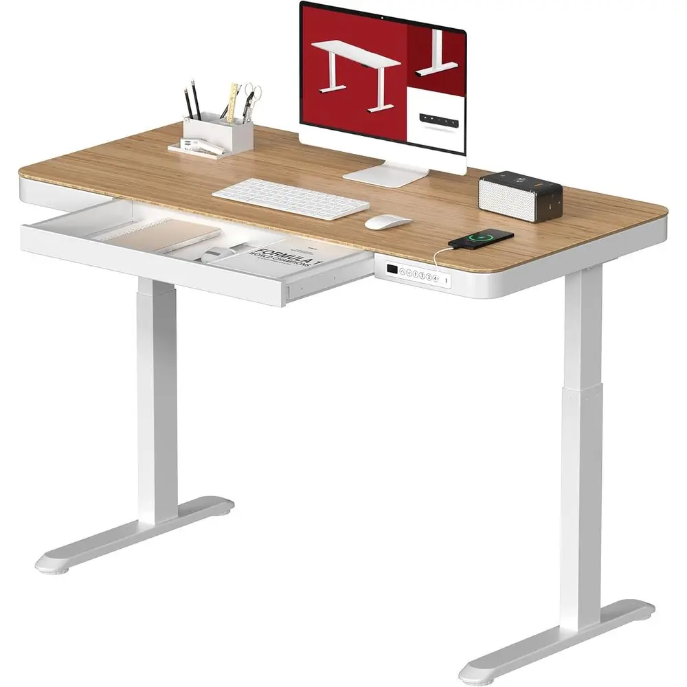 Adjustable Bamboo Electric Standing Desk with USB Charging Ports, White