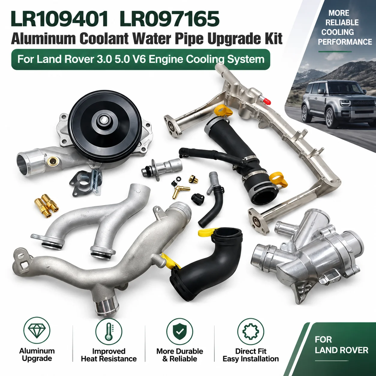 LR109401 LR097165 Aluminum Coolant Water Pipe Upgrade Kit For Land Rover 3.0 5.0 V6 Engine Cooling System