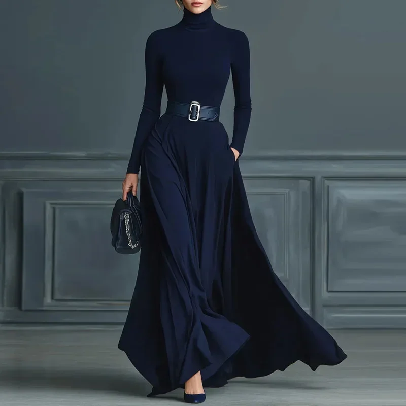 

Осенние новые однотонные свободные длинные платья, женские элегантные водолазки с высокой талией, вечернее платье, повседневное платье макси с длинными рукавами и карманами