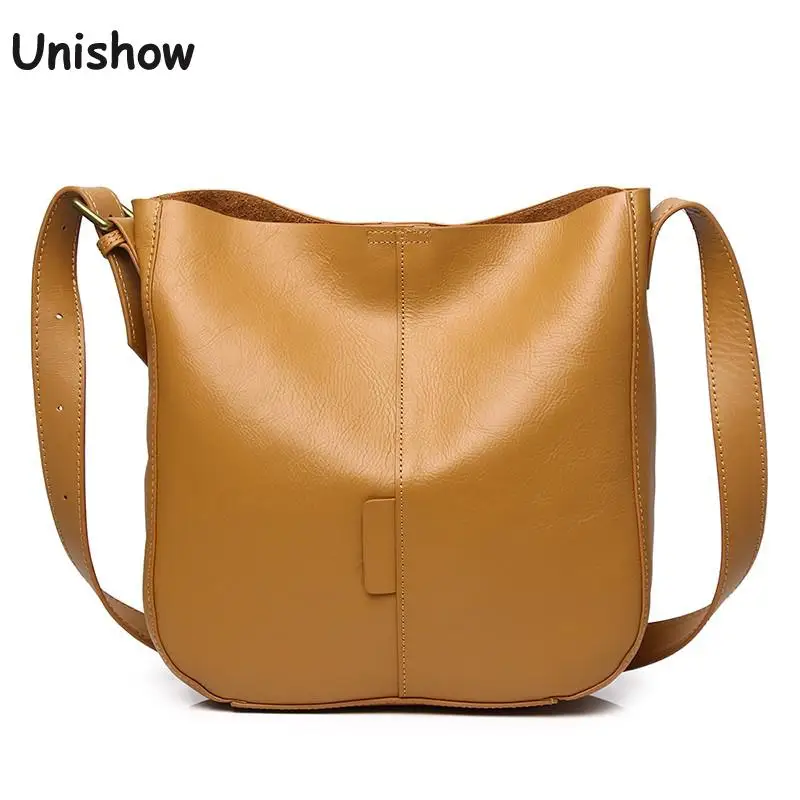 Unishow Genuine Leather Women Shoulder Bag Luxury Designer Cowhide Bucket Bag Fashion Casual Small Crossbody Bag For Women