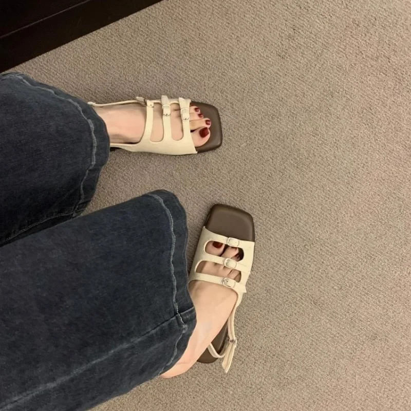 

Женские летние босоножки высокого качества на низком каблуке с квадратным носком, модная обувь с пряжкой и ремешком для повседневной носки ‌ Сандалии Zapatos Mujer