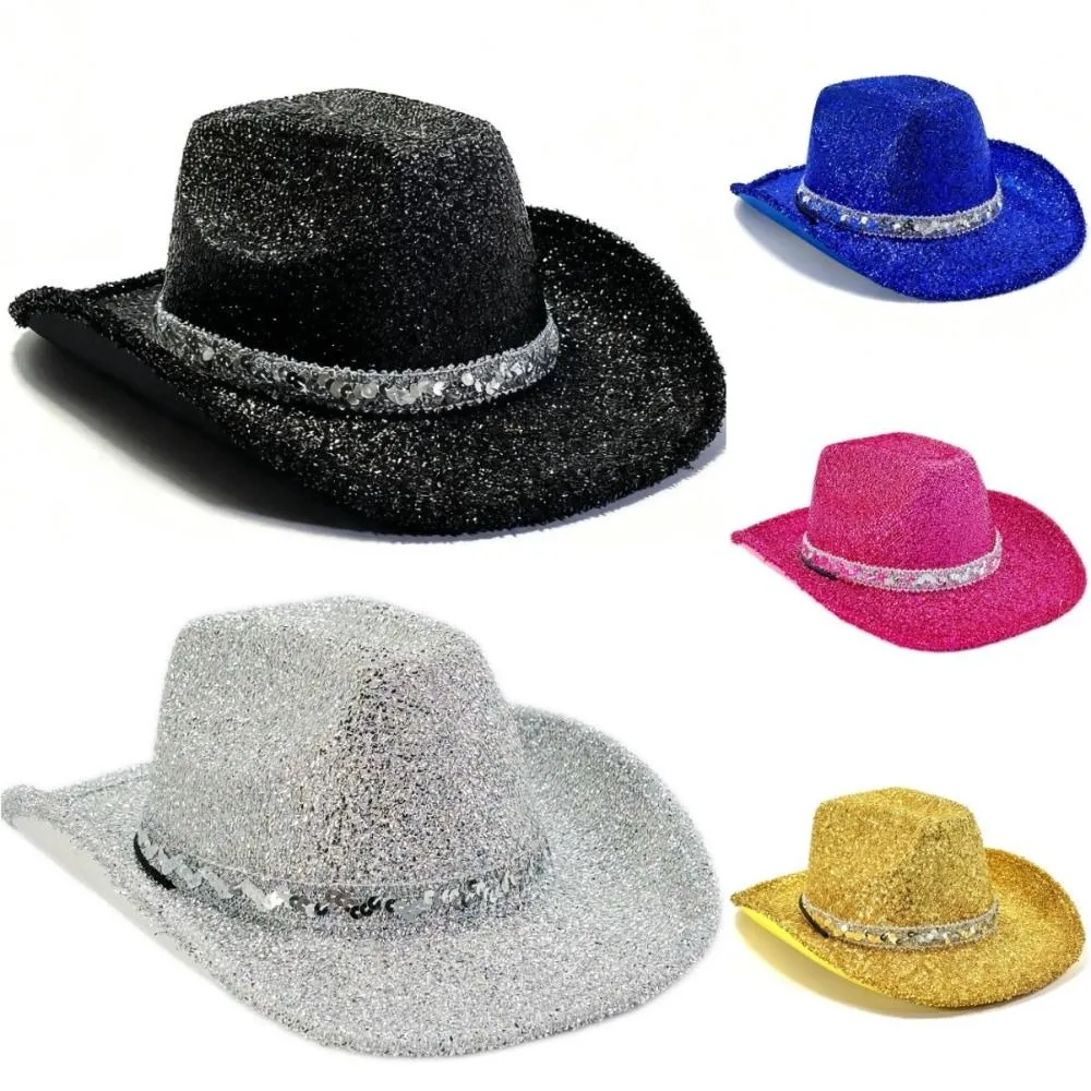 Cool Unisex Sequin Bowler Hat solid color Shine Glitter Jazz Hat Western Cowboy Hat Halloween Party