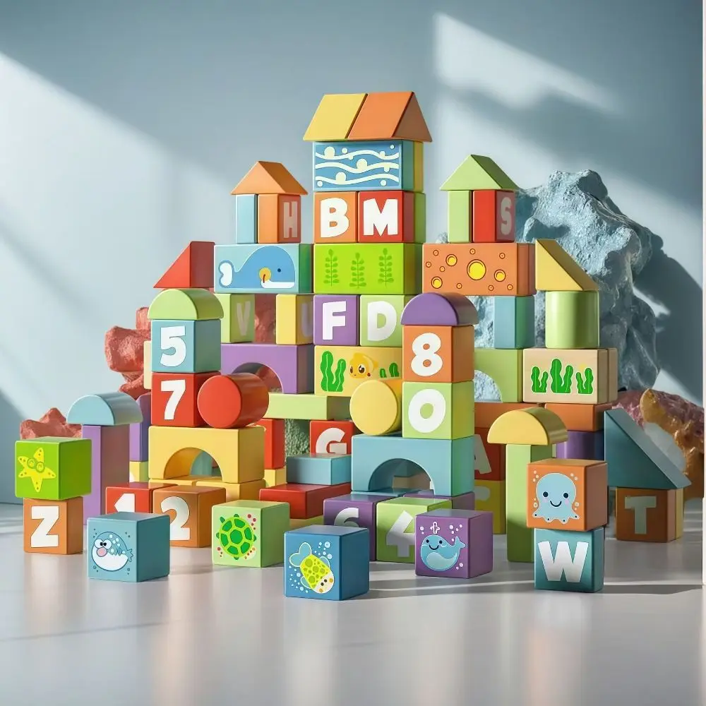 Blocchi di costruzione in legno per l'apprendimento precoce con scatola portaoggetti, blocchi assemblabili creativi per l'impilamento di figure per bambini piccoli