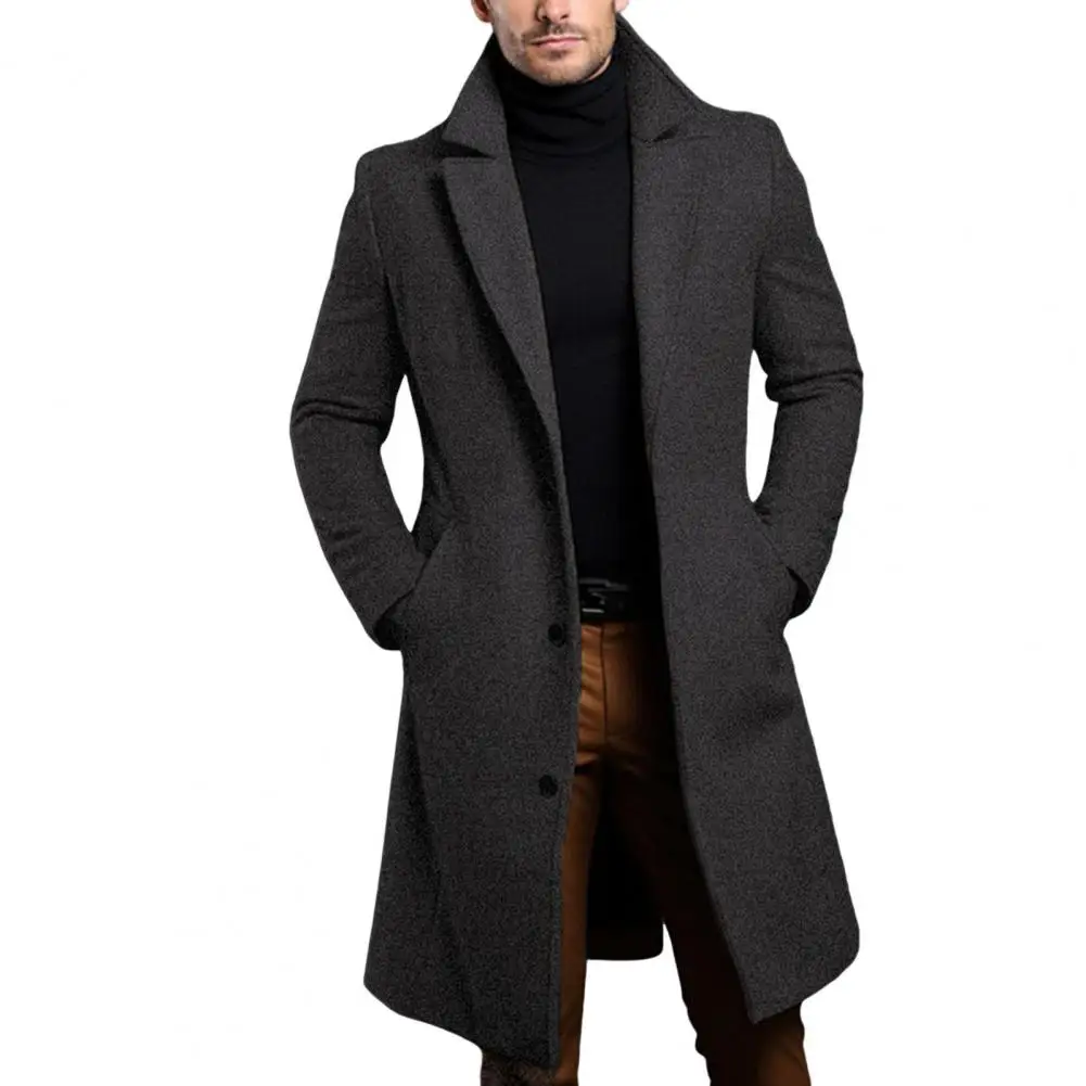 Casaco de lã de comprimento médio masculino com bolsos de lapela, blusão elegante, outwear formal, outono e inverno