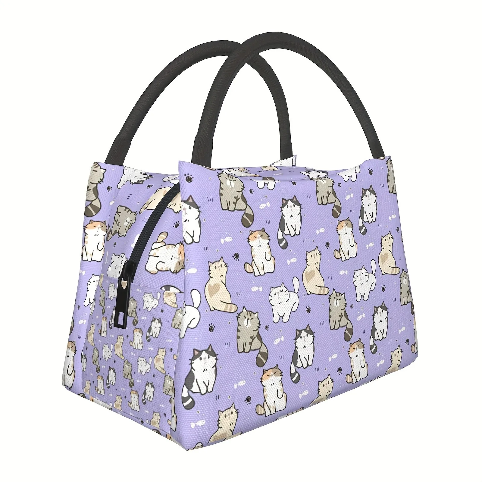 Cute Cat Pattern Reusable Lunch Bag Insulated Polyester Thermal Tote for Office Picnic Beach Travel Men and Women