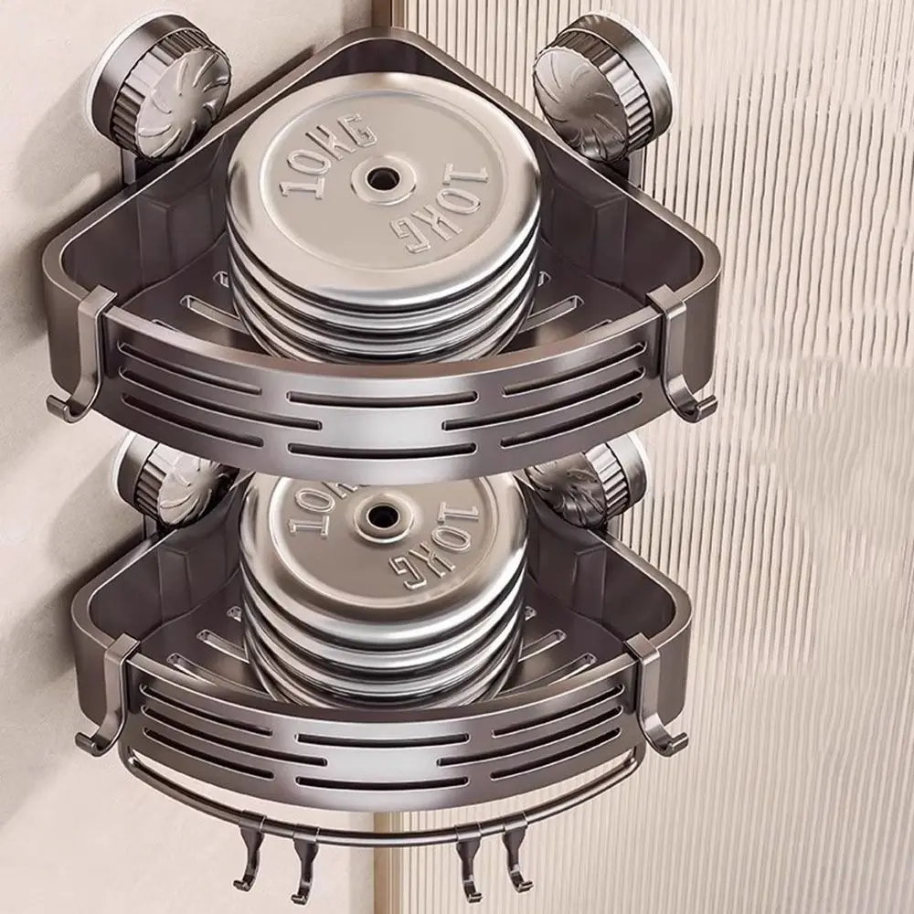 

Plastic Suction Cup Triangle Storage Rack No Drilling Large Capacity Corner Storage Rack with Hooks Rustproof