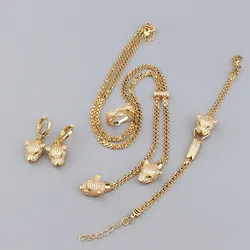 Europe America Fashion Style Women Lady Plated Gold Color Full Cubic Zircon Green Eyes Leopard Ring Earrings Bracelet Necklace