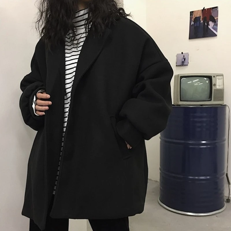 

Женское черное шерстяное пальто, зимнее бархатное свободное пальто средней длины, студенческое твидовое пальто в корейском стиле для холодной погоды