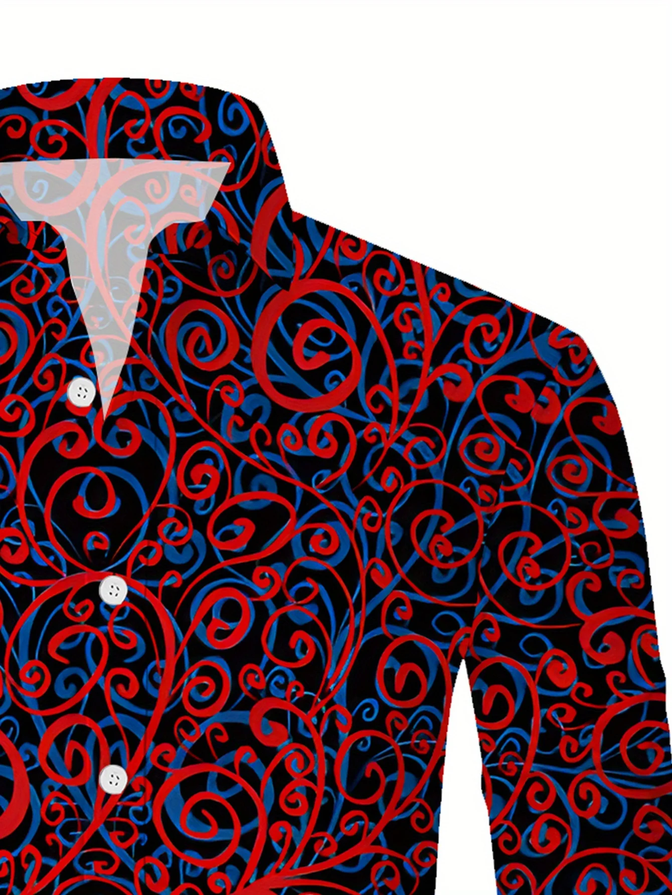 Men Long Sleeve Button Down Shirt Black Base Red‑Blue Swirl Scroll Print Polyester Lapel Collar Gothic Casual