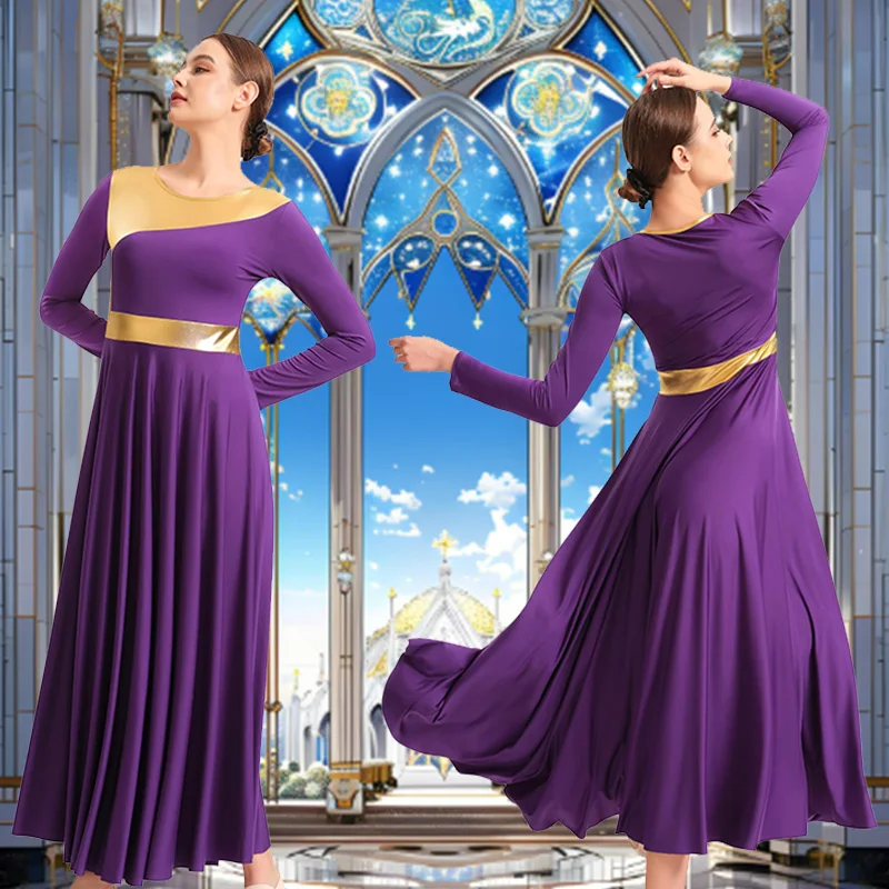 Women's Praise Dance Dress Long Sleeve Loose Fit Church Dancewear Metallic Full Length Liturgical Worship Costume Dance Dress