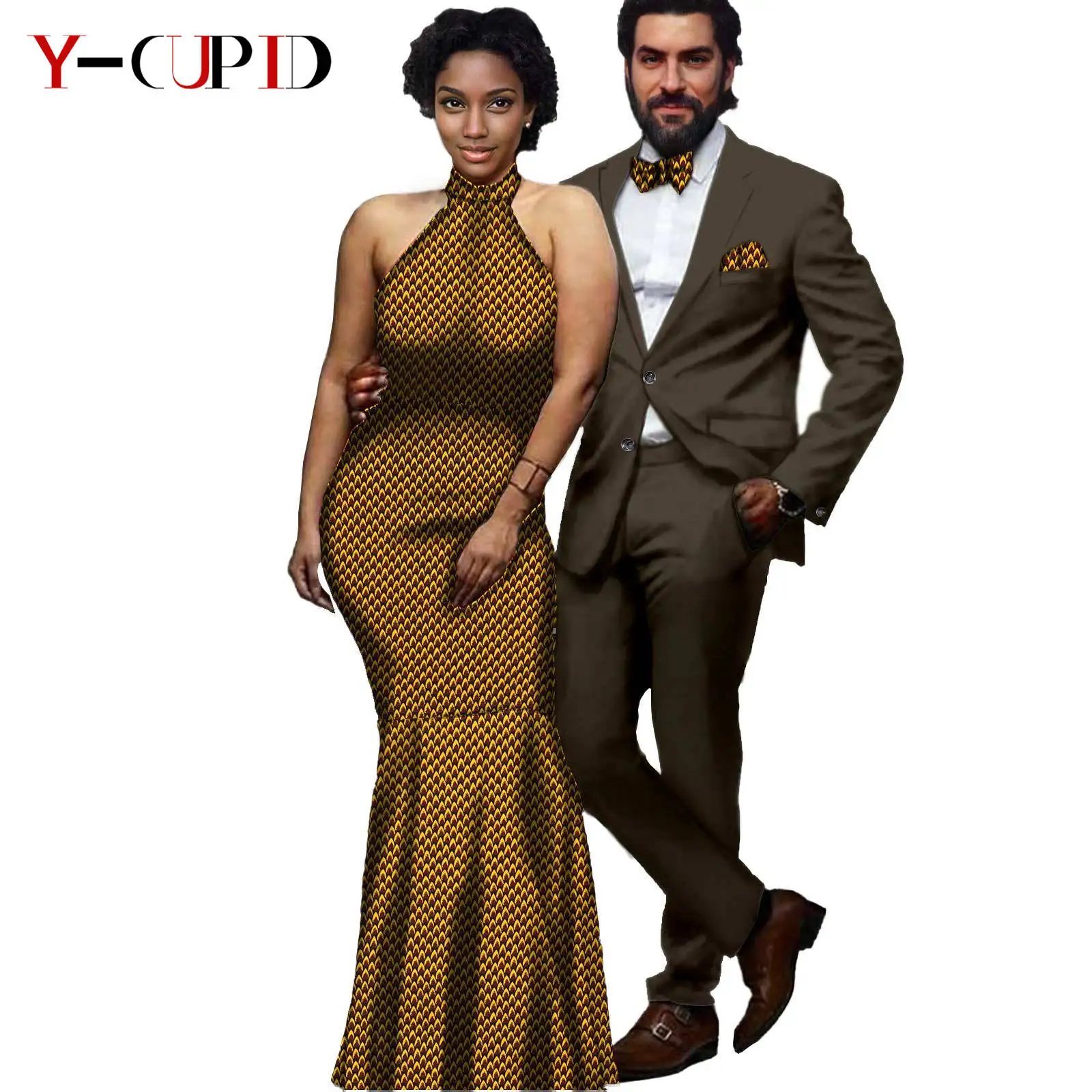 African Print Long Dresses for Women Matching Men Outfits Blazer Suits Jackets and Pants Sets Couples Clothes Wedding Y21C012