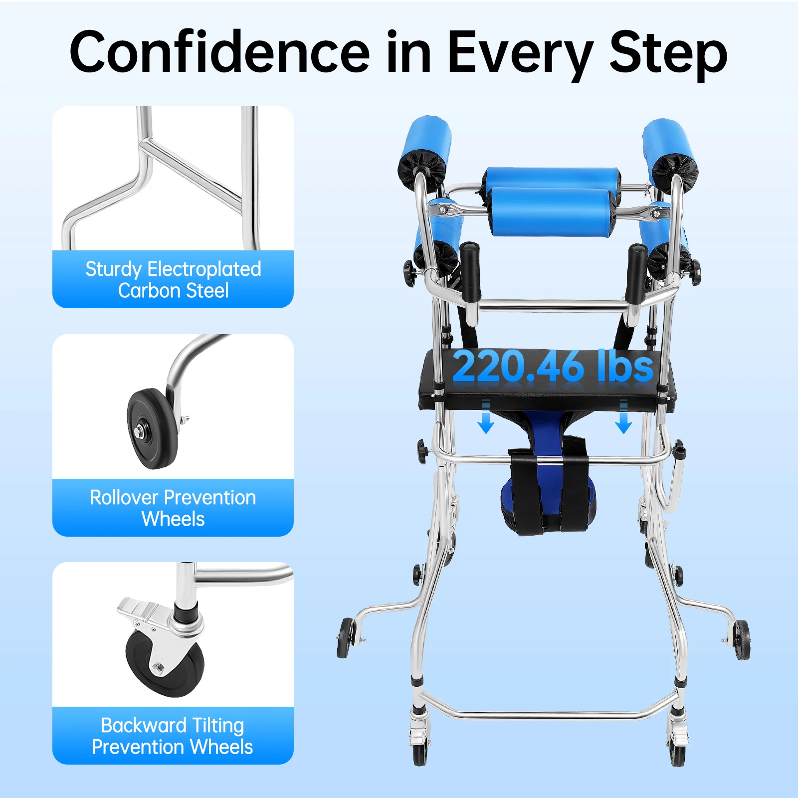 Adult Walker with Wheels, Height & Width Adjustable Walking Aid for Seniors, 8 Wheels with Brakes, 220 lbs Capacity, Blue/Silver/Black