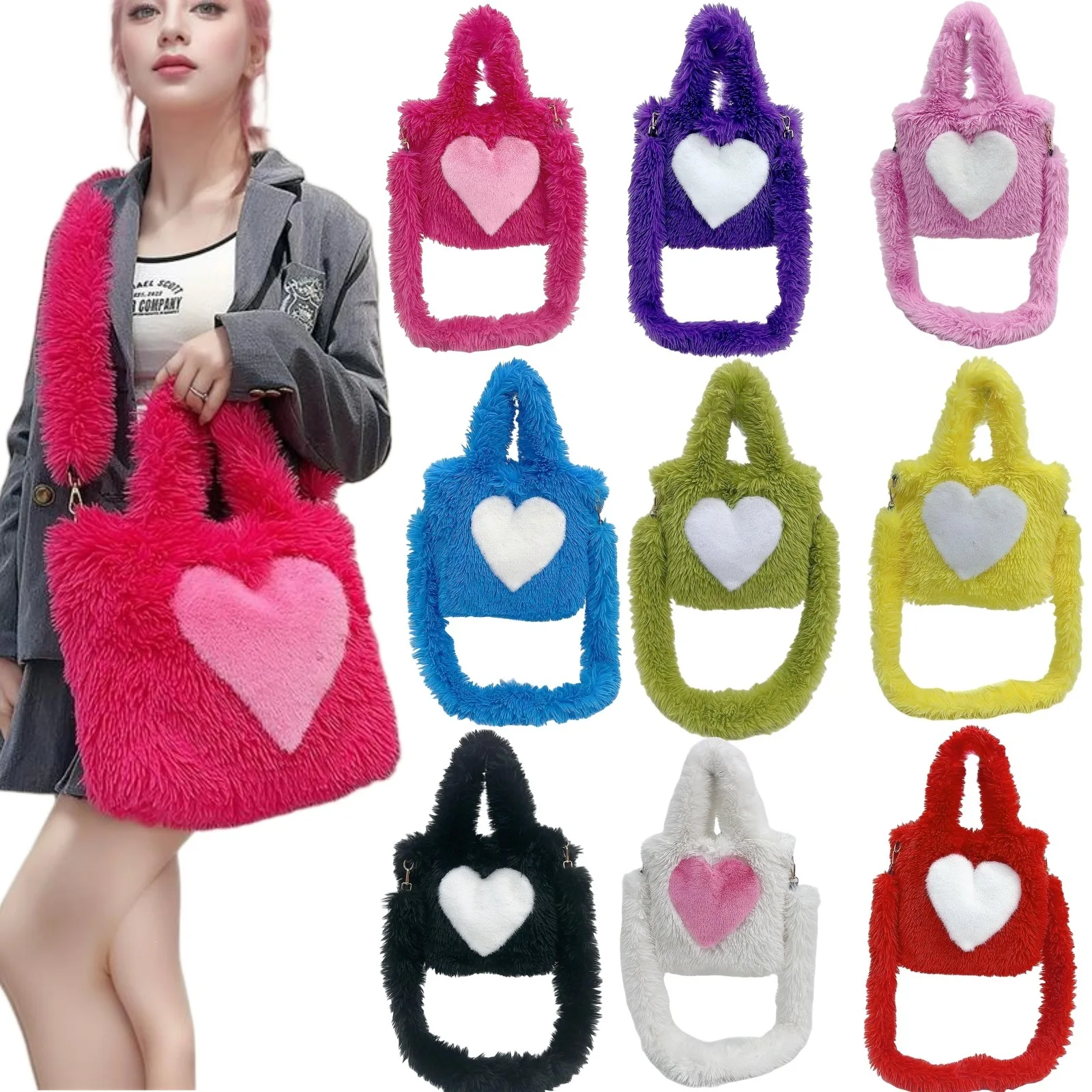 Foreign trade 2026 new hair bag women's heart pattern large capacity plush tote bag Internet celebrity casual shoulder bag