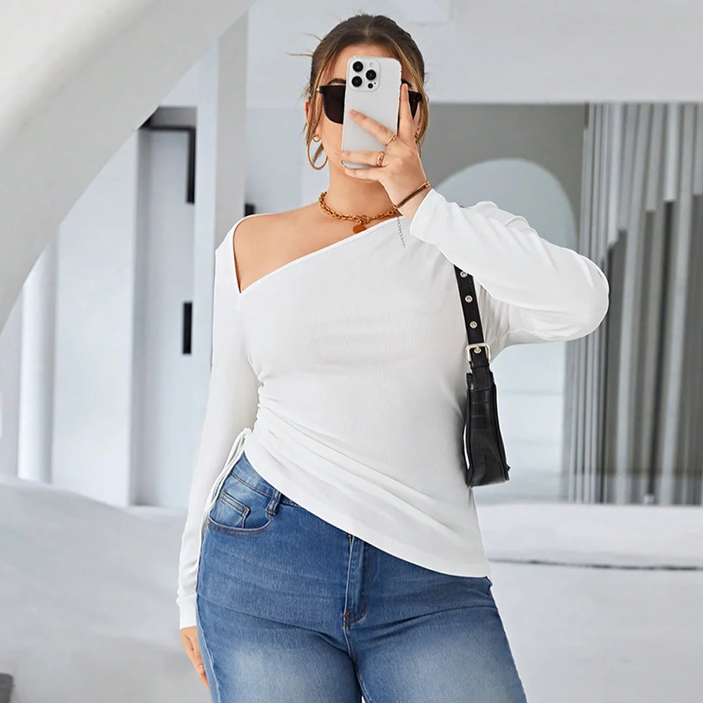 Plus Size Irregular Shirt Women Long Sleeve Crop Top Lady Fashion Solid T-shirt 2023 Autumn Winter Elegant Ruched Crop Tops