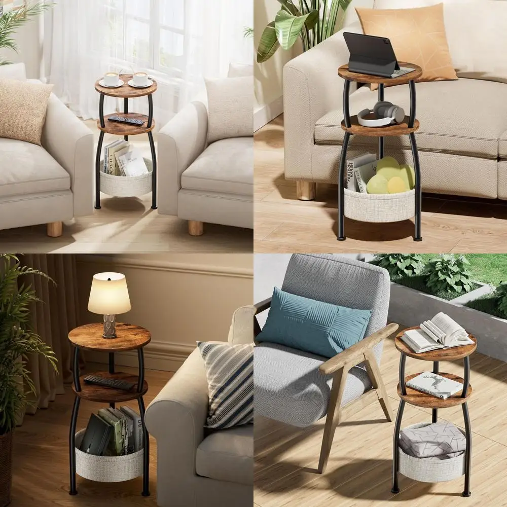 

Тумба-столик в деревенском стиле, 24 дюйма в высоту, 3-ярусный, коричневый, с корзиной для хранения, для гостиной, спальни и патио